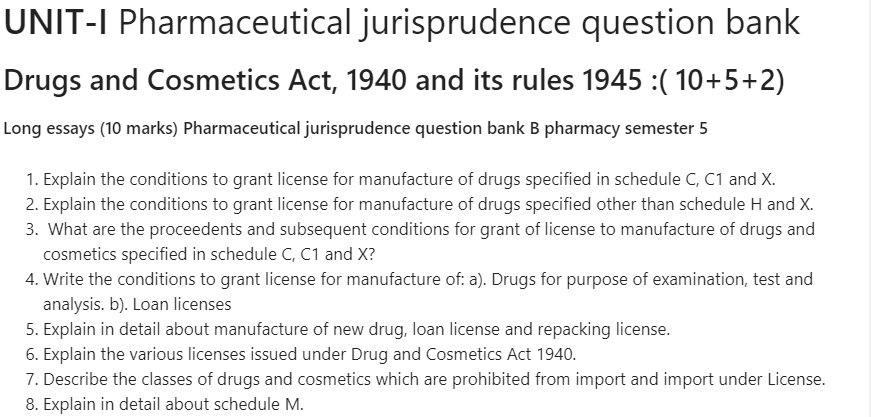 Pharmaceutical jurisprudence question bank