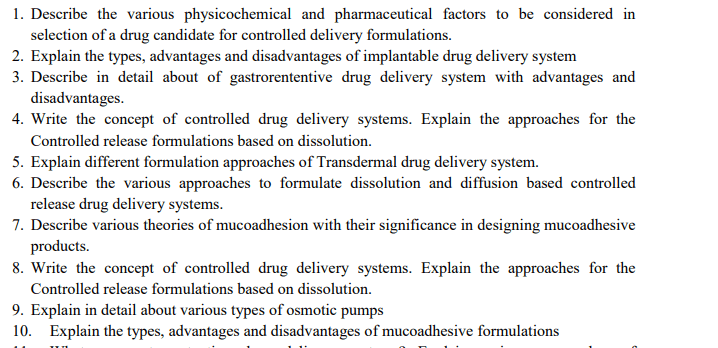 Novel drug delivery system question bank