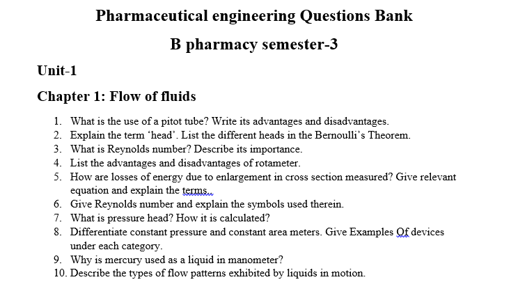 Pharmaceutical engineering Question bank