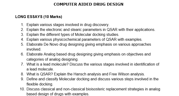 Computer aided drug design Question bank