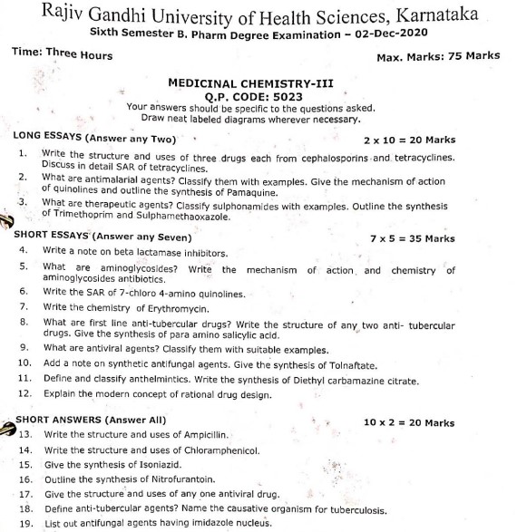 B pharmacy 6 semester questions papers